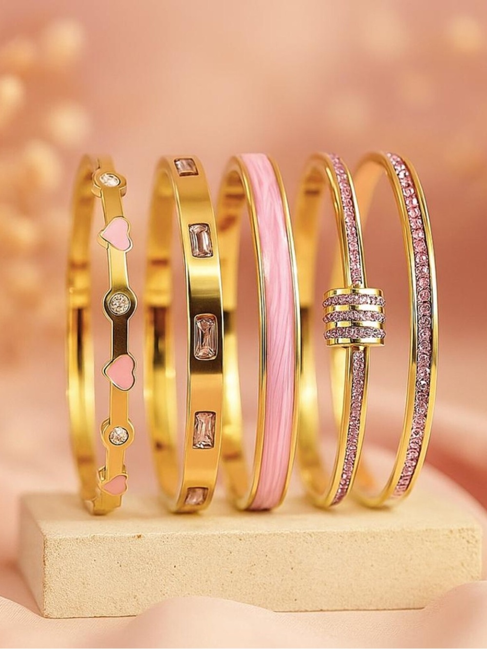 5 pc Elegant Gold & Pink Color Bangle Set Women Jewelry